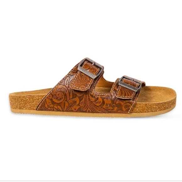 Myra Shoes Western Hand-Tooled Sandals Footo Cork Flats Open Leather Straps NEW - Picture 6 of 7
